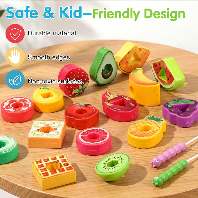 28 Pcs Caterpillar Lacing Toy for Toddlers Fruit Food Threading | Learning Lacing Beads, Montessori Educational Stringing Threading Beads, Fine Motor Skills Gift for Boys Girls 3+