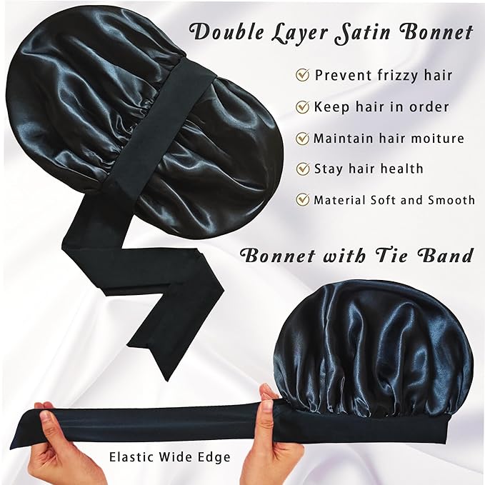Bonnet with Tie Band, Satin Hair Silk Bonnet for Sleeping Women, Sleep Bonnets for Women, Double Layer Sleep Cap for Curly Hair Braids