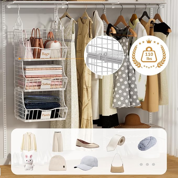 Hanging Closet Organizers and Storage, 6 Tier Closet Shelf Clothes Organizer with 2 S-Hooks, Multi-Functional Iron Wire Baskets, for Clothing, Sweaters, Handbags, Hat, Canned