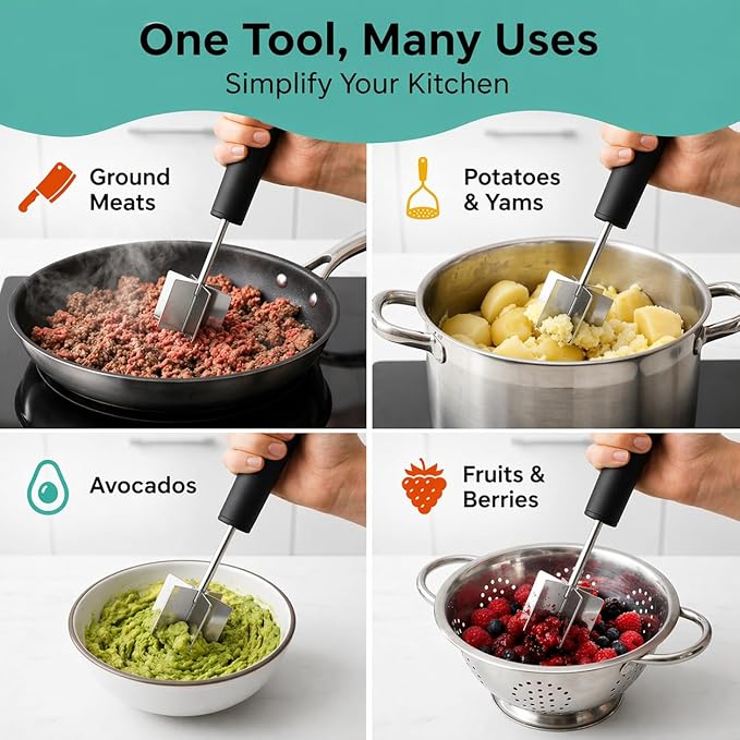 Large Stainless Steel Meat Chopper & Masher | Dishwasher Safe | 6-Blade Ground Beef Chopper Tool | Hamburger Smasher | Oversized Ergonomic Handle | Heat Resistant Grip - 10" (Black 10")