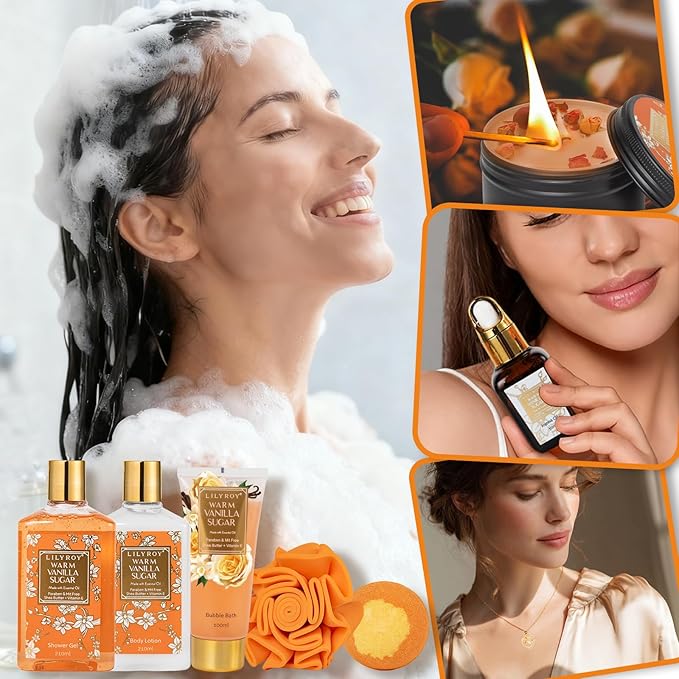 Christmas Gifts for Women - 21-Piece Luxury Vanilla Sugar Bath and Body Spa Gift Basket Set for Women Self Care Kit with Necklace, Bath Bomb | Valentine's Day, Mothers Day Gifts for Mom, Wife