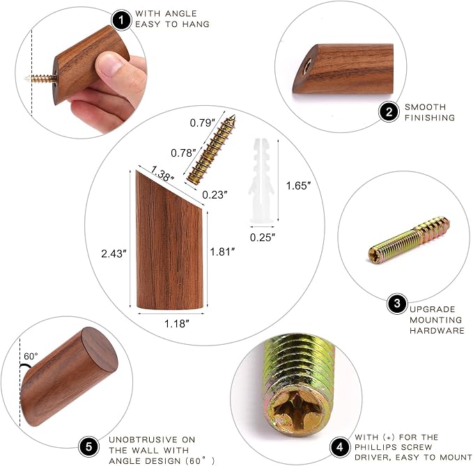 Felidio Wood Wall Hooks, 6 Pack Natural Wooden Coat Hooks Wall-Mounted