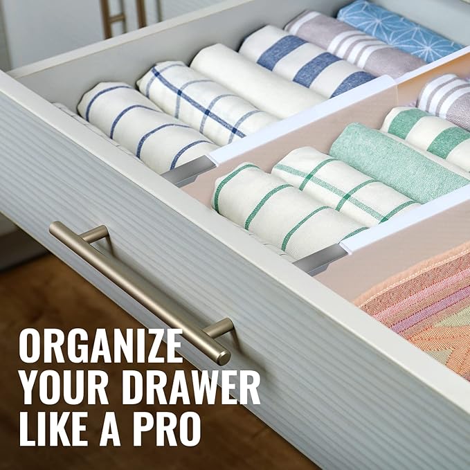 RAPTUROUS Adjustable Deep Drawer Divider – 6" Tall, Expandable 13-22", 8-Pack, Non-Slip Drawer Dividers for Clothes, Dresser, Kitchen & Office Organization (White)