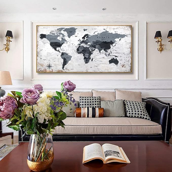 Framed wall art World Map Wall Art Canvas Picture 30inchx60inch Large Black and