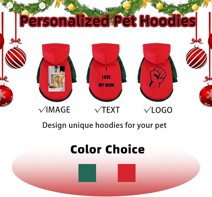 Custom Dog Hoodie, Personalized Sweatshirt with Photo Text Name Logo, Customized Hooded Sweater for Small Medium Large Dogs & Cats (Red + Green Border, Medium)