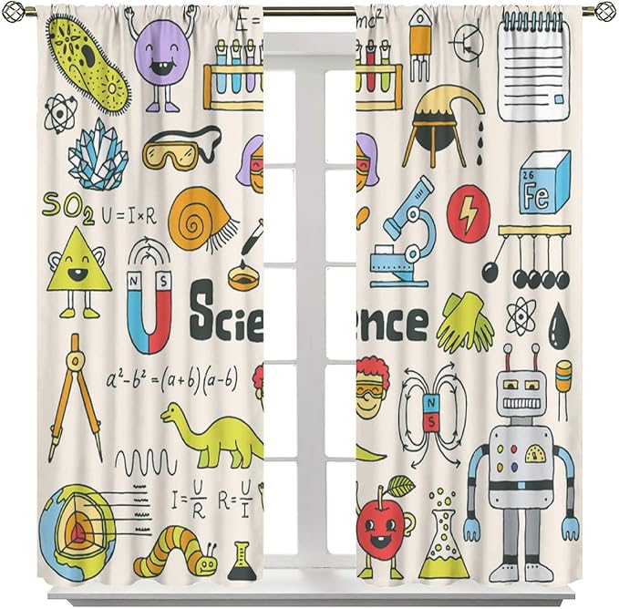 Cartoon Science Bedroom Curtains, Chemistry Science Pharmacy Research Blackout Rod Pocket Window Drapes for Childs Girls Boys Bedroom Living Room Home Set 2 Panels,52x84 Inches