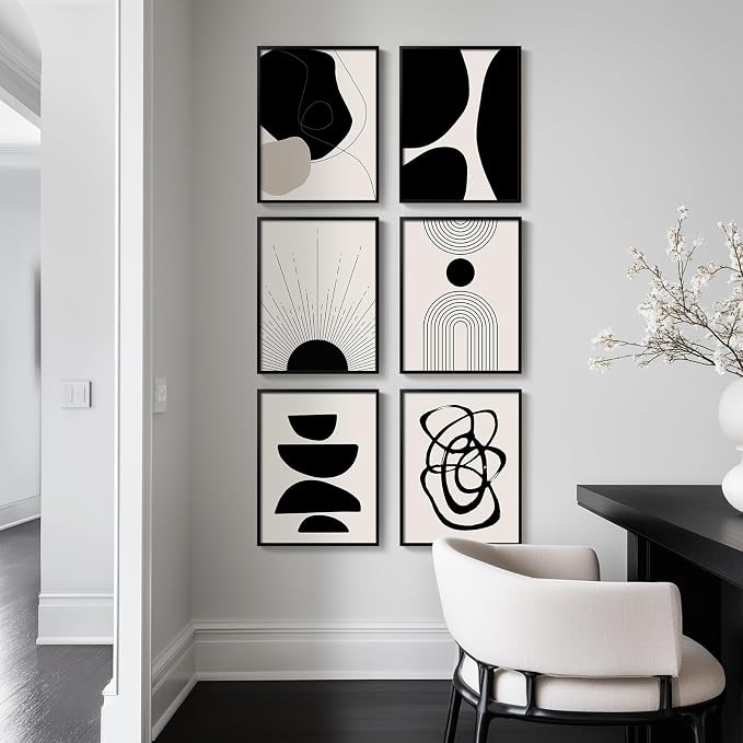 Framed Boho Black and White Abstract Wall Art, Minimalist Geometric Pictures