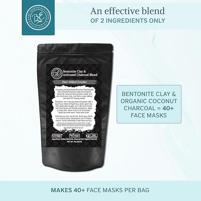 Bare Essentials Living - Bentonite Clay Powder and Activated Charcoal Powder Blend (8oz) Great for Charcoal Face Mask, Facial, Hair Mud Mask, DIY Bentonite Clay Toothpaste, & Charcoal for Soap Making