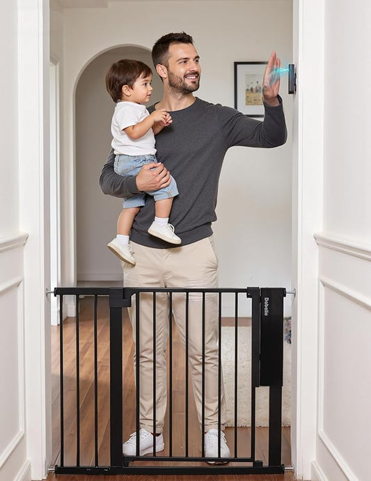 Babelio Smart Baby Gate with Auto-Unlock/Close, Pressure Mounted No Drill for Doorways/Top of Stairs. Pet/Dog Door Wide Walk Thru w/Infrared Sensor & Instant Safety Alert (Black, 26.3-37.8" W, 30" H)