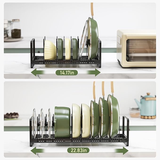 MUDEELA Pot Rack Pan Organizer inside Cabinet - Expandable Pot Lid Organizer for Cabinet with 12 Adjustable Dividers, Cutting Board Organizer Holder Baking Rack Kitchen Cabinet Storage Organization