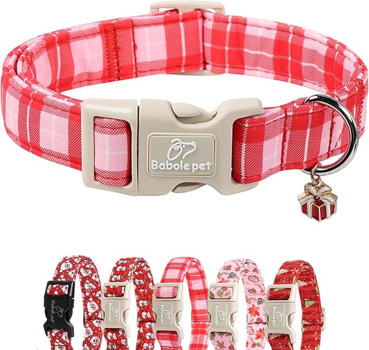 Plaid Dog Collar - Cute Red and Pink Plaid Puppy Collar with Safety Buckle, Soft Adjustable Holiday Dog Collars for Small Medium Large Dogs XL