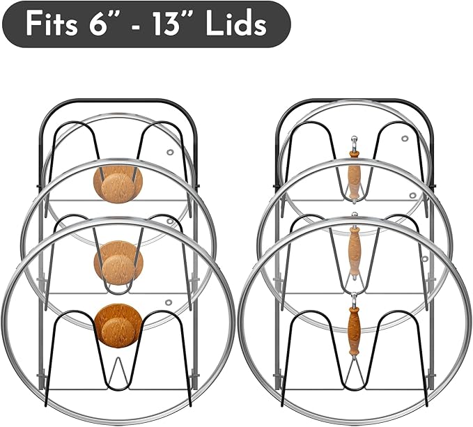 Universal Adjustable Pot Lid Holder Organizer for Cabinet - Upgraded Patented Niceyos 1 Pack Pan Lids Organizers Inside Cabinet Door Wall Mount Pots Top Rack for Kitchen Cupboard Fit 6" to 13" (Black)
