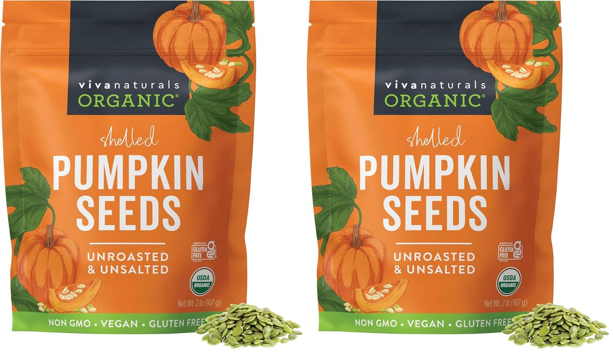 Viva Naturals Organic Pumpkin Seeds, 2 lb (32 oz, 907 g) – Shelled, Unroasted, Unsalted, Non-GMO, Vegan, Good Source of Iron & Dietary Fiber, Perfect for Salads