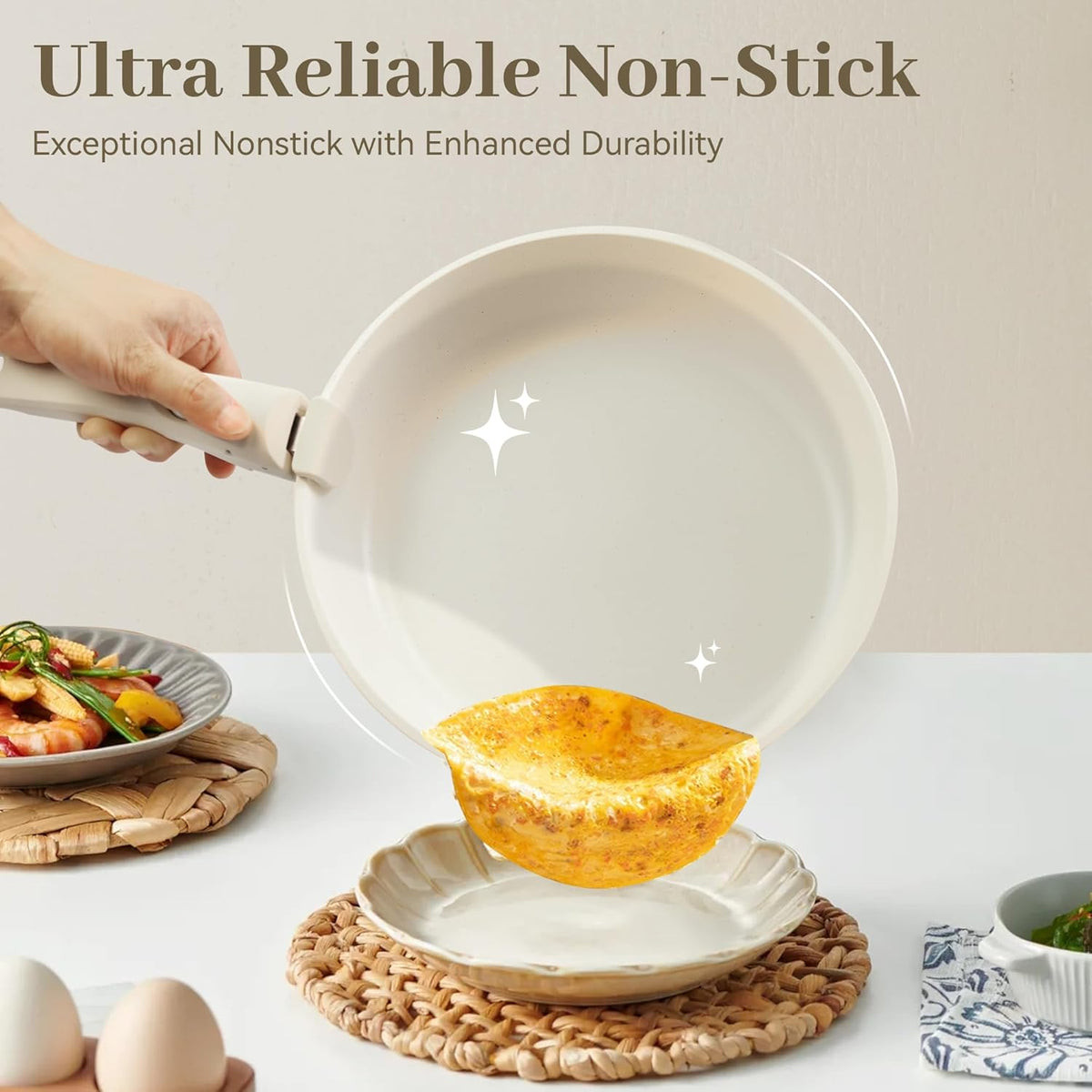 5PCS Pots and Pans Set Non Stick, Kitchen Cookware Sets with Detachable Handle, Induction Cookware Sets, Non Stick RV Cookware Cooking Set, Dishwasher ＆ Oven Safe, PFOA Free, Cream White