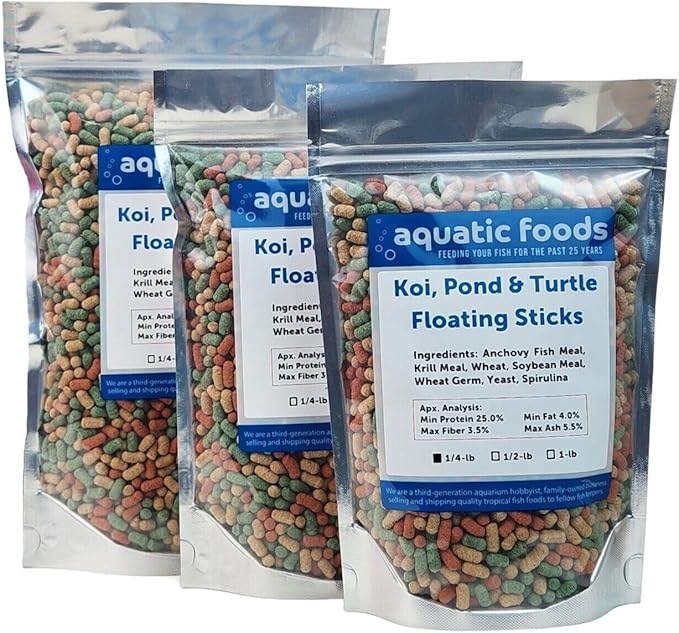 Aquatic Foods Inc. Koi, Pond & Turtle 7/16" x 5/32" 25% Protein Floating Sticks. Spirulina, Color Enhancing & Wheat Germ Sticks for Koi, All Pond Fish, Aquatic Turtles...WL…1/2-lb Foil Pouch Bag