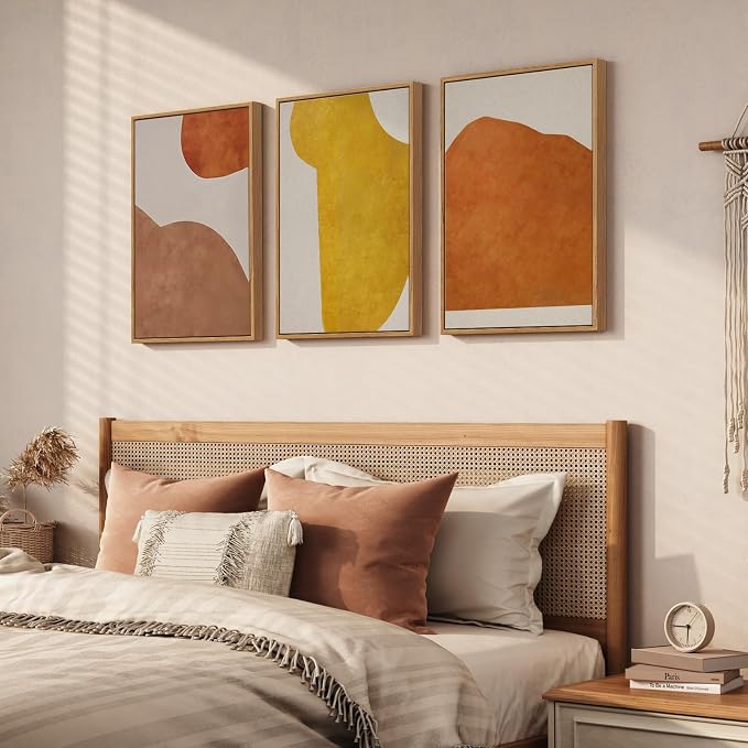 Framed Orange Abstract Boho Wall Art Bedroom, 3 Piece Neutral Mid Century