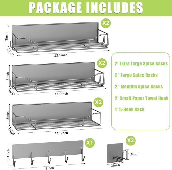 Magnetic Spice Rack for Refrigerator, 9 Pack Magnetic Fridge Shelves W/Adjustable Paper Towel Holder, Hook Rack, Moveable Spice Organizer Shelf for Kitchen Organization and Storage (Grey)
