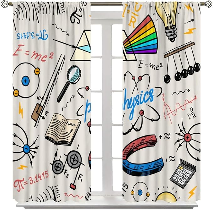 Science Physics Window Curtains, Abstract Math Chemistry Curtain Scientist Graffiti Print Window Treatments for Kids Teens Bedroom Living Room Set 2 Panels,42x45 Inches, Style-8