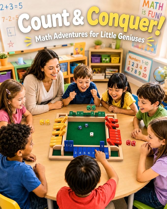 Upgraded 12-inch Shut The Box Game, Easy Quick and Fun Educational Math Game with 4 Symbolic Dice, 1-4 Players Wooden Board Games for Family Night Classroom Party, Tabletop Games for Kids Adult Senior