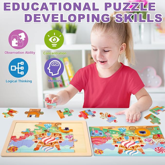 4-Pack Wooden Puzzles for Kids Ages 3-5, 24-Piece Princess Jigsaw Set | Toddler Puzzles Ages 3-5, Preschool Puzzles with Wooden Jigsaw Boards for Fine Motor Skills, Shape Recognition and Travel