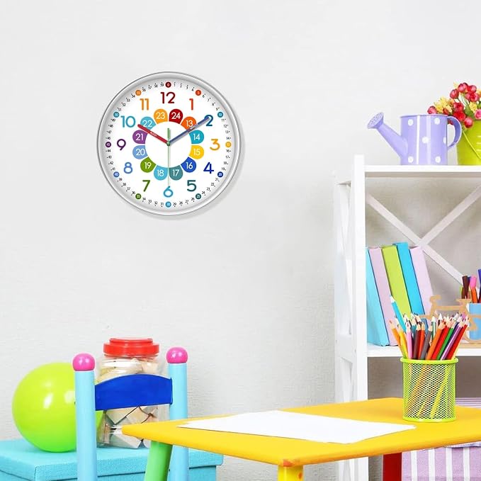 XFM Silent Kids Wall Clock 8 Inch Non Ticking Battery Operated Kids Teaching