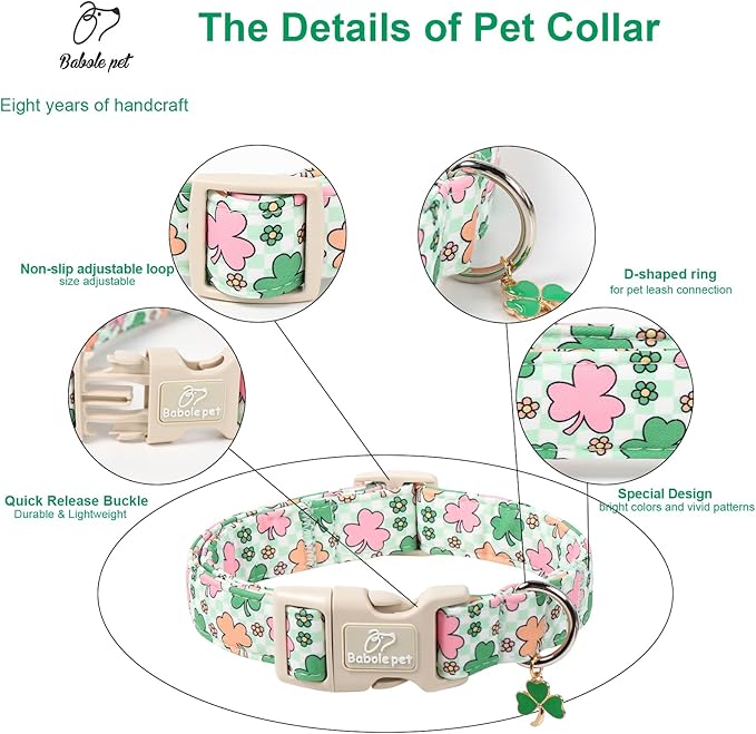 St Patricks Day Dog Collar for Medium Dogs - Cute Pastel Lucky Clover Dog Collars, Lightweight Adjustable Irish Green Festival Dogs Collars with Quick Release Buckle M