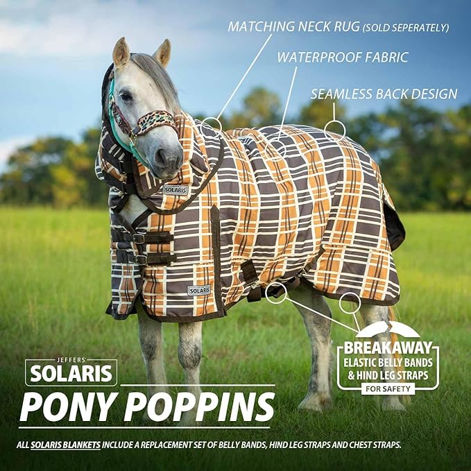 Jeffers Pony Poppins Solaris 1200 Denier Turnout Blanket Brown & Cream Plaid 57" - Waterproof, Breathable Horse Blanket with 0 gram Polyfill, No Insulation, Ideal Protection for Wind & Rain,