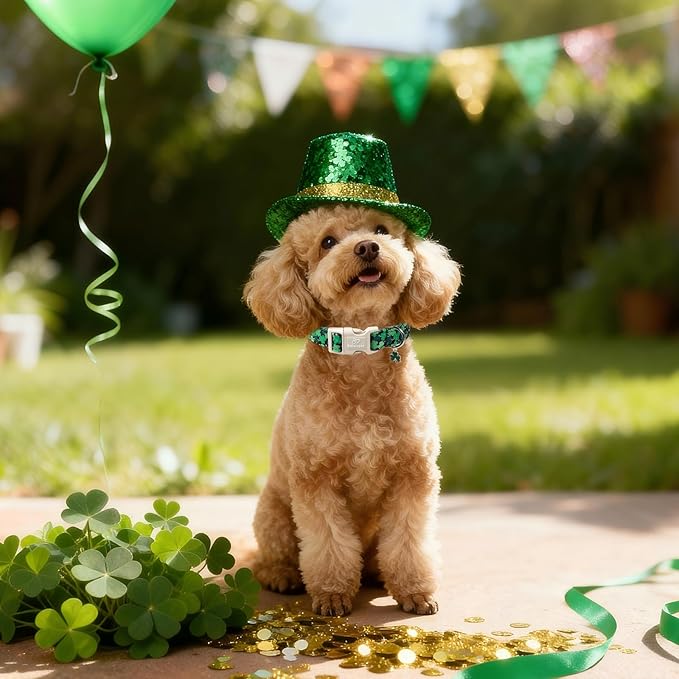 St Patricks Day Dog Collar for Small Dogs - Green Lucky Clover Dog Collars, Lightweight Adjustable Irish Festival Shamrock Dogs Collars with Quick Release Buckle S