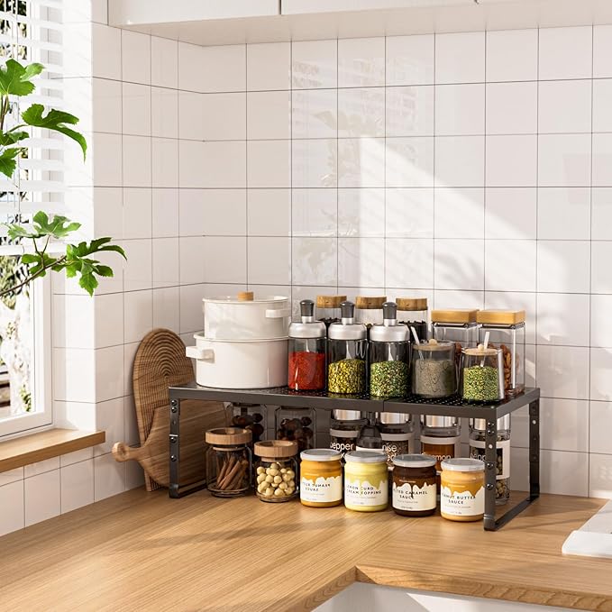 Cabinet Shelf,Expandable Adjustable Stackable Kitchen Organizer,for cabinets, Kitchens, countertops, bathrooms Shelf Organizer(2Packs/Black,Large)