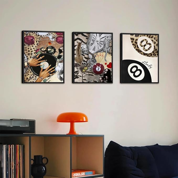 Fashion Cheetah Wall Art Set of 3 Leopard Wall Decor Pictures Lucky 8 Ball