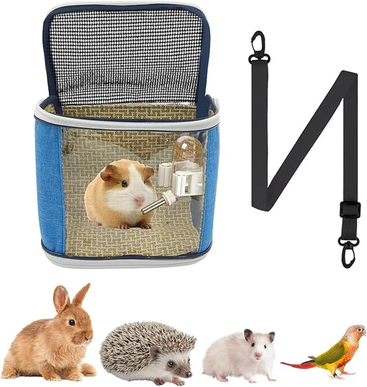 Small Animal Carrier Backpack with Water Bottle, Travel Portable Guinea Pig Hamster Bunny Carrier Sling Pouch, Clear Window Breathable Pet Carrier for Hedgehog Sugar Glider Chinchilla Rat (Gray-Blue)