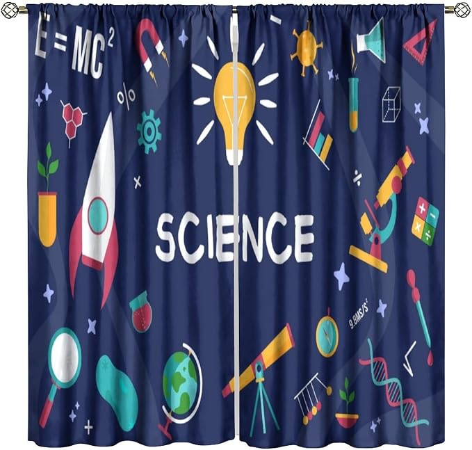 Science Symbols Kids Curtain Sketches Cartoon Chemistry Physics Geometry Education Pattern Print Window Drapes for Bedroom Living Room Kitchen Decor,2 Panel Set,63x63 Inch Blackout