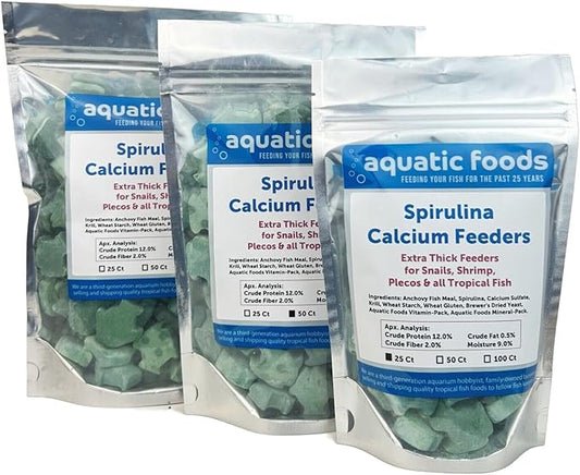 Aquatic Foods Inc. Spirulina Enriched Calcium Feeders for Shrimp, Snails, Crabs, Crayfish, Pleco, Catfish, All Tropical Fish…50 Count Bag