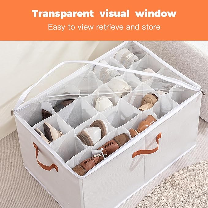 2 Pack Shoe Organizer for Closet - under bed storage shoe organizer with Adjustable Dividers and Clear Cover, Stackable shoe rack Fit 16 to 32 Pairs for dorm room essentials (Black, 16 grids)