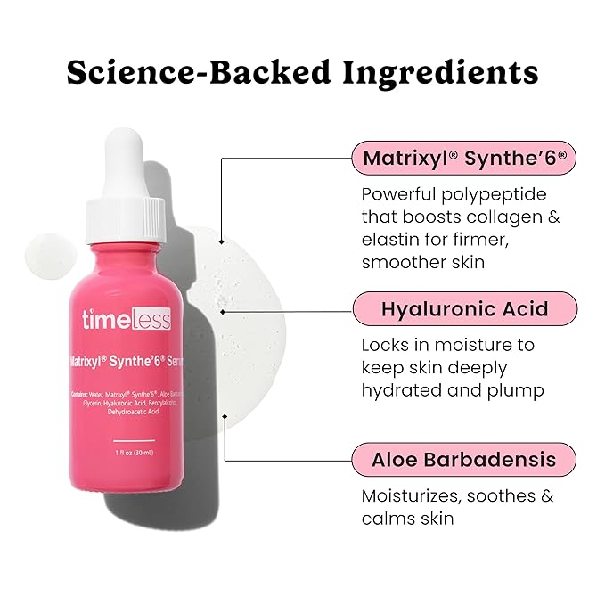 Timeless Skin Care Matrixyl Synthe’6 Serum - Face Serum for Skin Care - with Hyaluronic Acid for Hydration - 1 oz