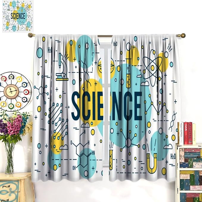 Science Window Curtains, Chemistry Chemical Science Pharmacy Research Room Darkening Door Window Rod Pocket Curtain for Girls Boys Kids Bedroom Study Room Classroom Set 2 Panels,42x45 Inches, Style-5