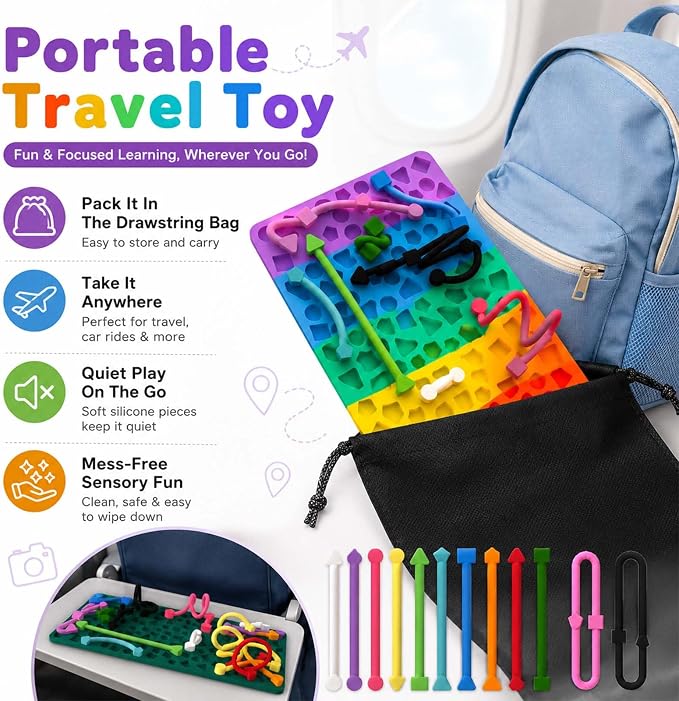 Sensory Activity Board, Sensory Fidget Toys for Kids Adults, Stress Relief | Quiet Sensory Toys, Fidget Toys for Adults and Kids, 14 Colorful Strings, Screen-Free Travel Activity for Car and Airplane