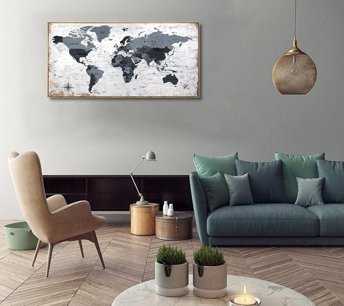 Framed wall art World Map Wall Art Canvas Picture 30inchx60inch Large Black and