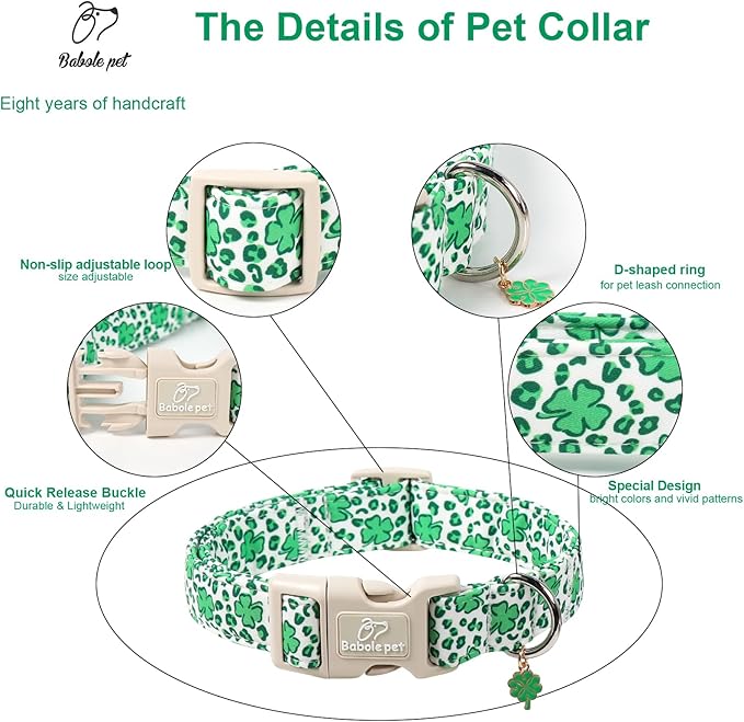 St Patricks Day Dog Collar for Giant Large Dogs - Leopard Lucky Clover Dog Collars, Lightweight Adjustable Irish Green Festival Shamrock Dogs Collars with Quick Release Buckle XL