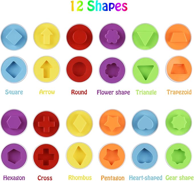 Hhyn Color Shape Matching Eggs, Pink, 12 Eggs | Preschool Learning Educational Sorting, Easter Eggs Toys Gift, Recognition Skills for Kids Boys Girls with Eggs Holder