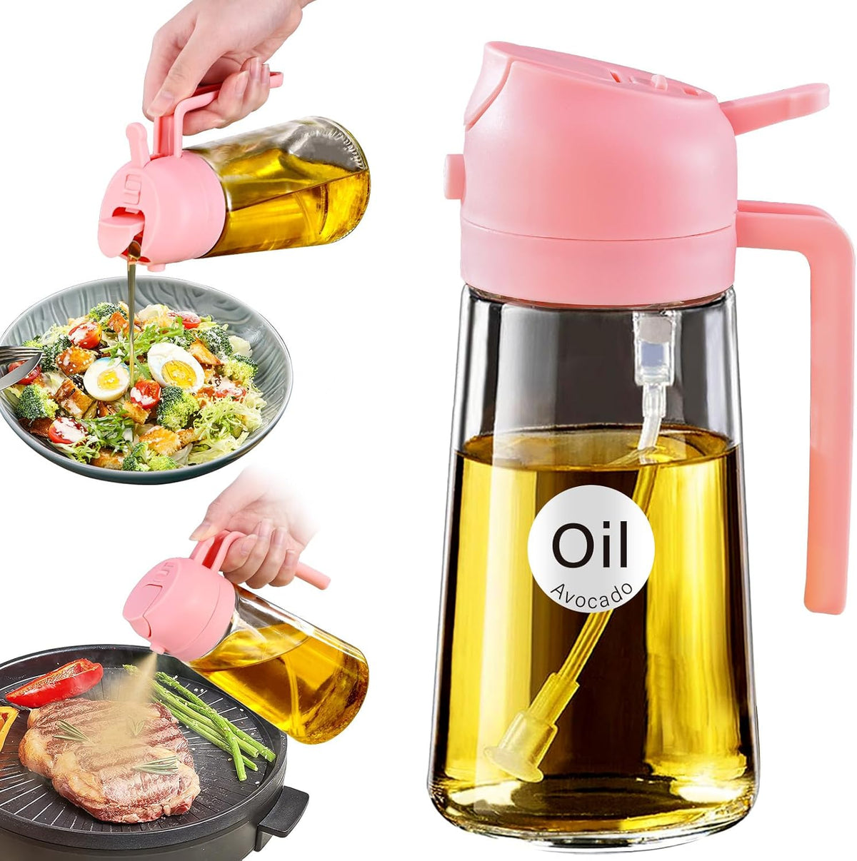 YARRAMATE 16oz/470ml Glass Olive Oil Sprayer for Cooking with Stickers, 2 in 1 Oil Dispenser for Kitchen Gadgets, Food Grade Premium Spray Bottle with Portion Control for Salad, Frying, BBQ (Black)