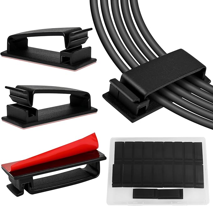 Self Adhesive Cable Management Clips, Line Clips, Cable Organizers, TV PC Line Clips, Ethernet Cable Clips Under Desks - Durable PA66 Material, Easy to Install (Black 20Pcs )