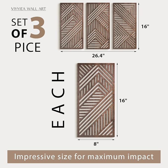 VIYYIEA Boho Solid Wood Carved Wall Art Set of 3, Geometric Minimalist Wooden