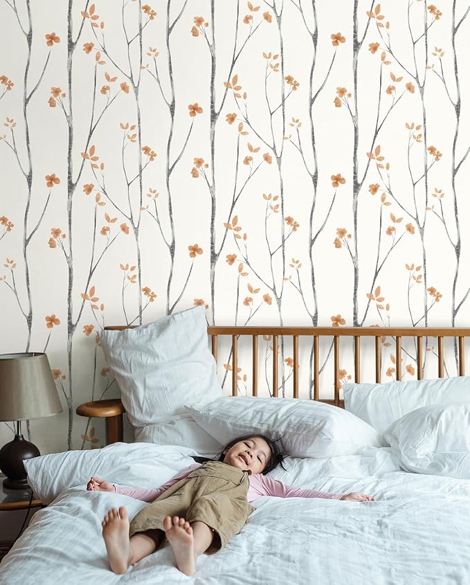 Timeet Peel and Stick Wallpaper White and Orange Floral Wallpaper Boho Leaf