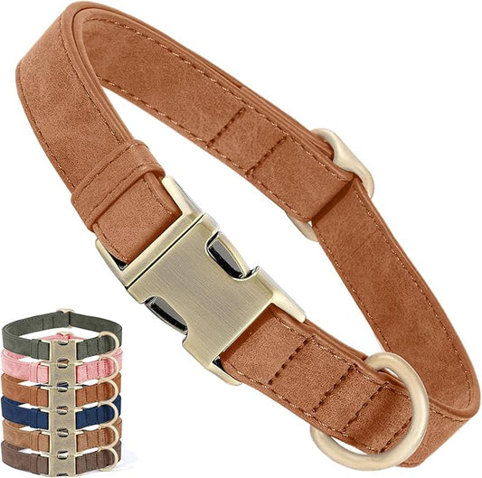 Genuine Leather Dog Collar - Adjustable Pet Collar with Quick Release Metal Buckle, Soft Skin Friendly Real Leather Collar for Small, Medium, Large Dogs (Khaki, M：Fit 12-20" Neck)