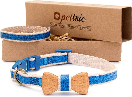 Pettsie Breakaway Cat Collar with Bow Tie and Matching Bracelet–Adjustable Cotton Kitten Collar with Safety Buckle for Cats and Small Pets–Cute Cat Gift for Owners and Cat Lovers, 8-11 Inches, Blue