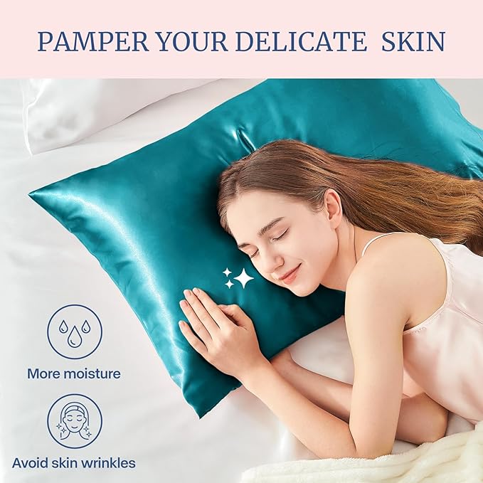 BEDELITE Satin Pillowcase for Hair and Skin, Super Soft and Cooling Similar to Silk Pillow Cases 2 Pack with Envelope Closure, Gift for Women Men(20"x36" King Size, Teal)