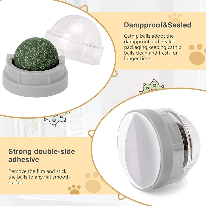 3 Pack Catnip Balls, Catnip Ball for Cats Wall, Edible Kitty Toys for Cats Lick, Safe Healthy Kitten Chew Toys, Teeth Cleaning Dental Cat Toys, Cat Wall Treats (Grey)