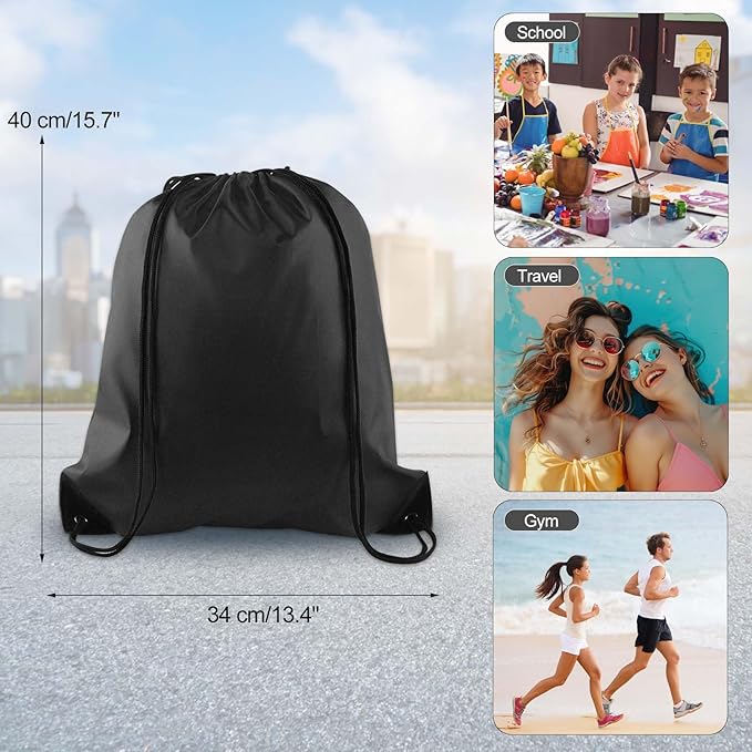 KUUQA 100Pcs Black Drawstring Backpack Bag Sack Drawstring Bags Bulk String Bags Storage Bags for Sport Gym Traveling