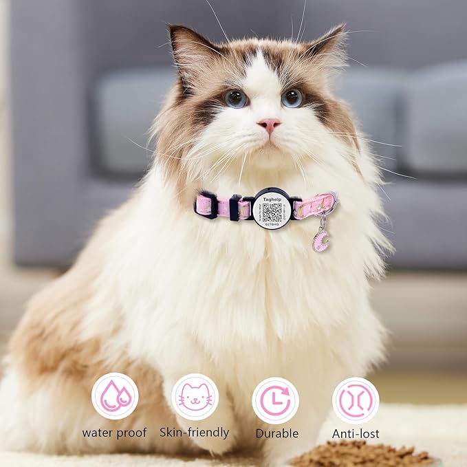 Stars and Moon AirTag Collar with AirTag Holder & Bell,Air Tag Cat Collar for Apple. Solid & Safe, Pet Collar, Breakaway Cat Collar,Smart QR Code Cat ID Tags - Pet Online Profile(Pink)